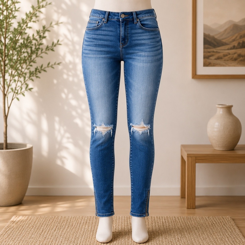 Young & Reckless Skinny Jeans Mens 28 Blue Distressed Ripped Ankle Zip Denim